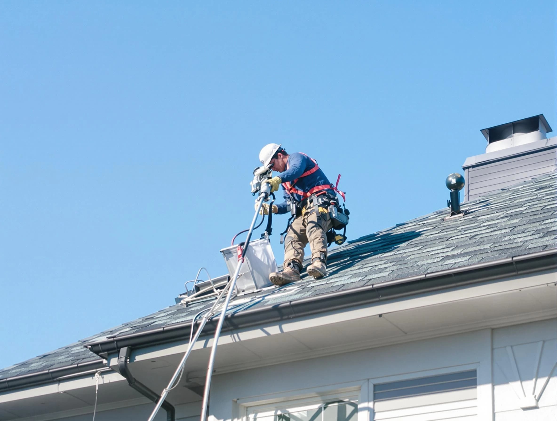 Roy Dryer Vent Cleaning certified technician cleaning a roof-mounted dryer vent system in Roy