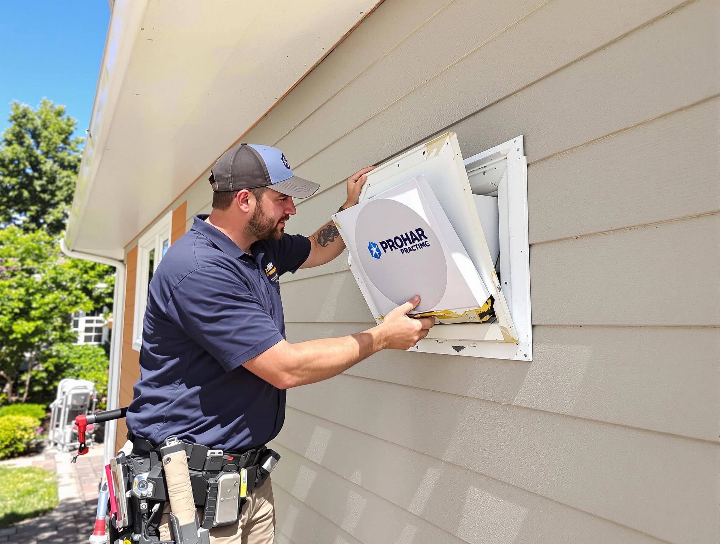 Roy Dryer Vent Cleaning technician installing a new protective dryer vent cover on a home in Roy