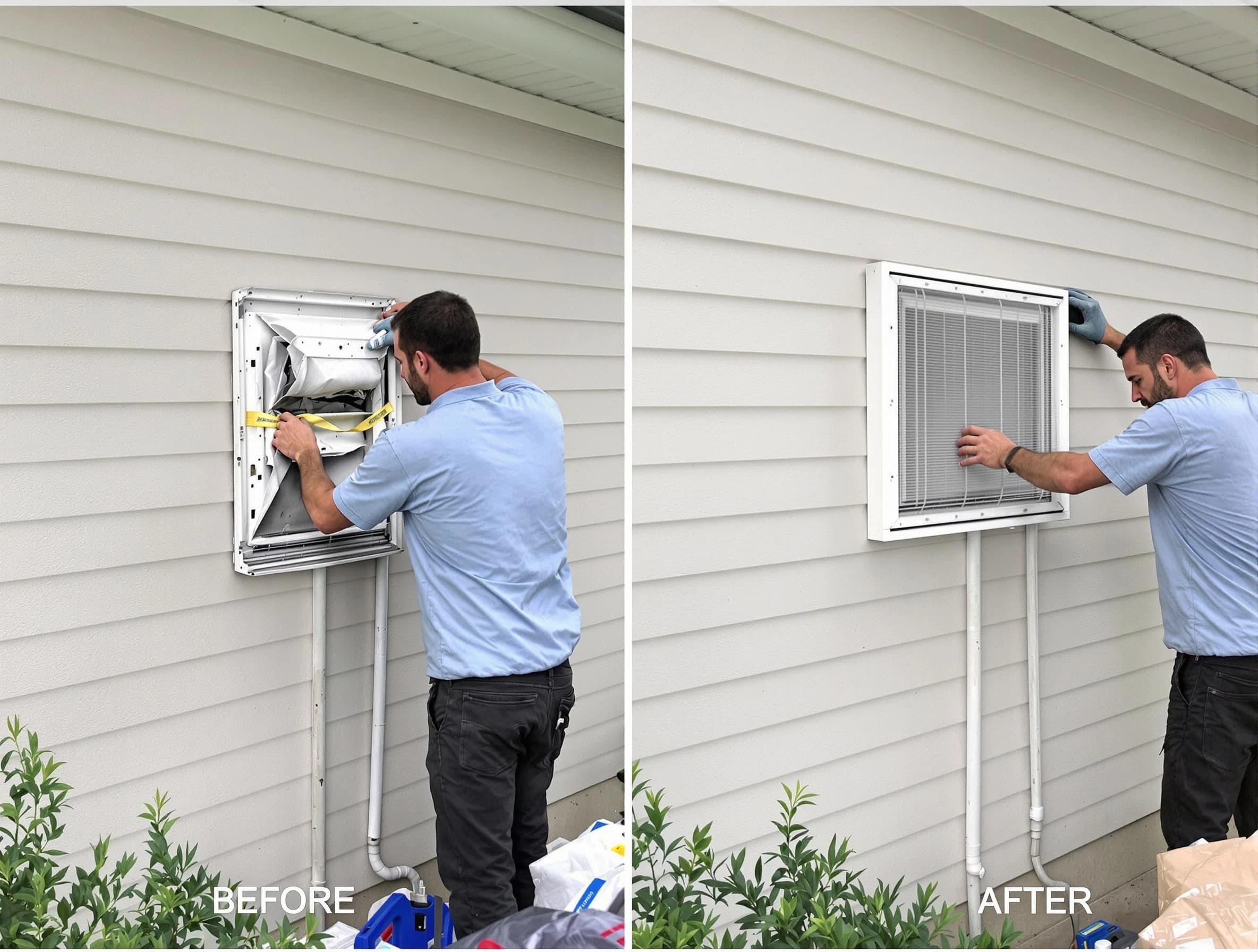 Roy Dryer Vent Cleaning technician installing high-quality dryer vent cover at a residential property in Roy