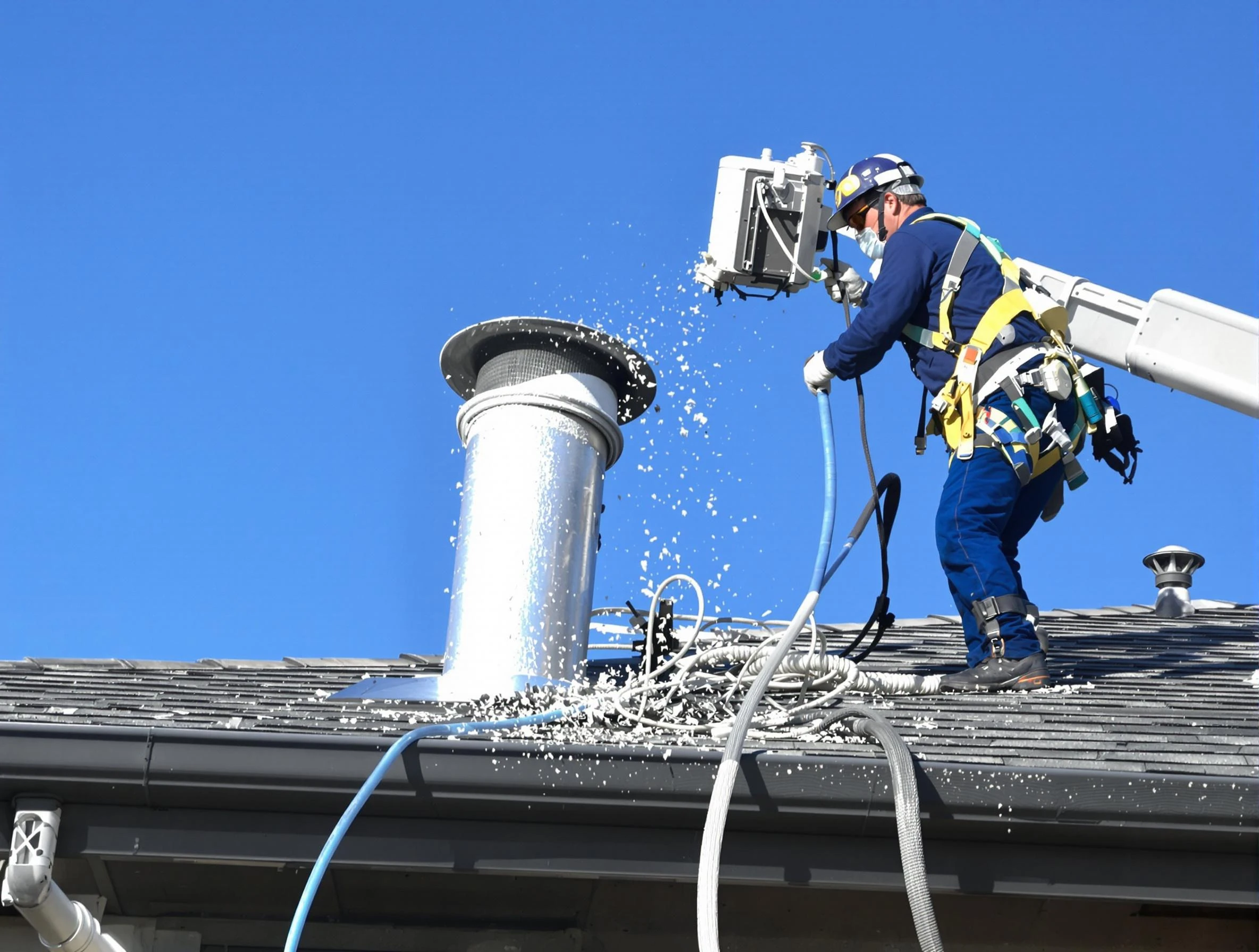 Roy Dryer Vent Cleaning certified technician safely cleaning a roof-mounted dryer vent in Roy